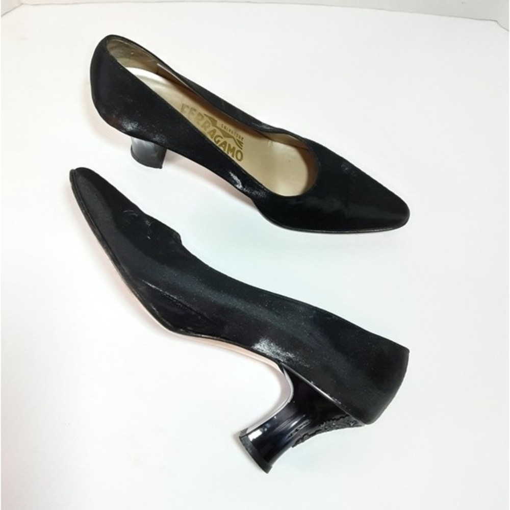 Salvatore Ferragamo Vintage Satin Pumps Chunky Kitten Heels Elegant Chic 7B - Picture 6 of 16